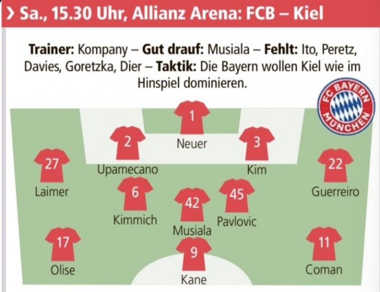 德媒預測拜仁首發：萊默爾、格雷羅左右邊後衛，基米希回歸中場